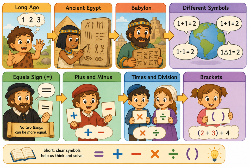 Cartoon timeline: counting long ago, Egyptian and Babylonian marks, different symbols around the world, then equals, plus and minus, times and divide, and brackets for grouping