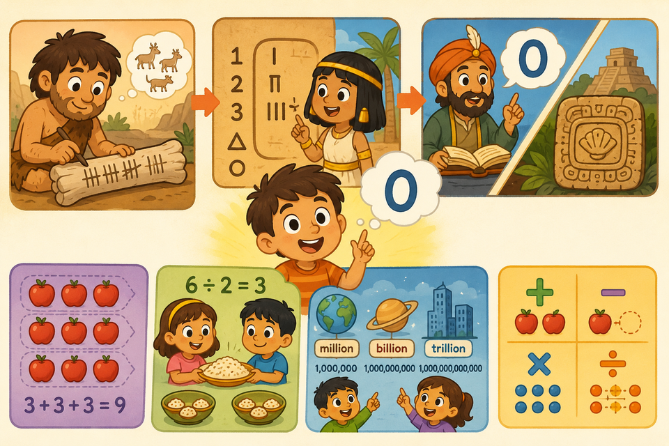 Cartoon timeline: tally marks long ago, Egyptian number symbols, zero in India and among the Maya, then addition, fair sharing, large numbers, and the four operations