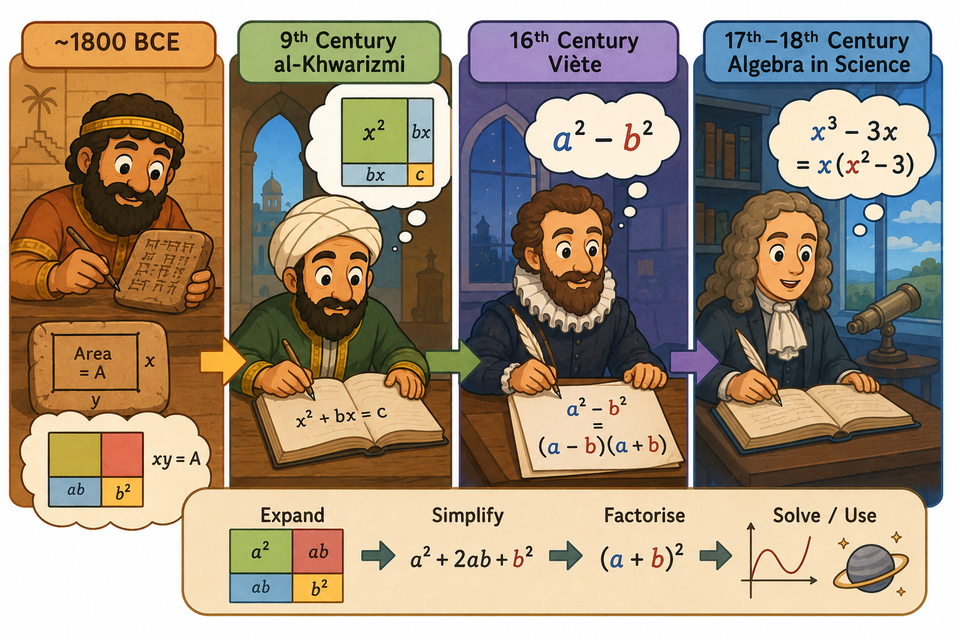 Illustrated timeline: Babylonian area on clay tablets, al-Khwarizmi's algebra, Viète's difference of squares, Enlightenment science, and modern expand–factorise steps